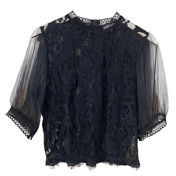 Peach Women's Black Lace Top Blouse Tulle Puff Sleeve Party Cropped SZ M - Picture 1 of 6